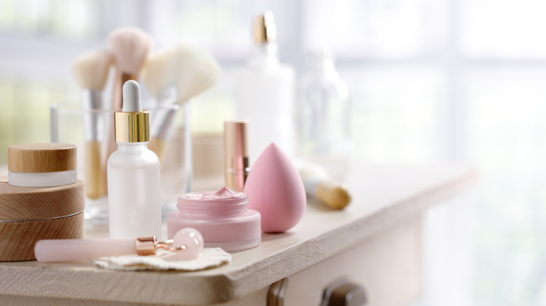 beauty products on nightstand