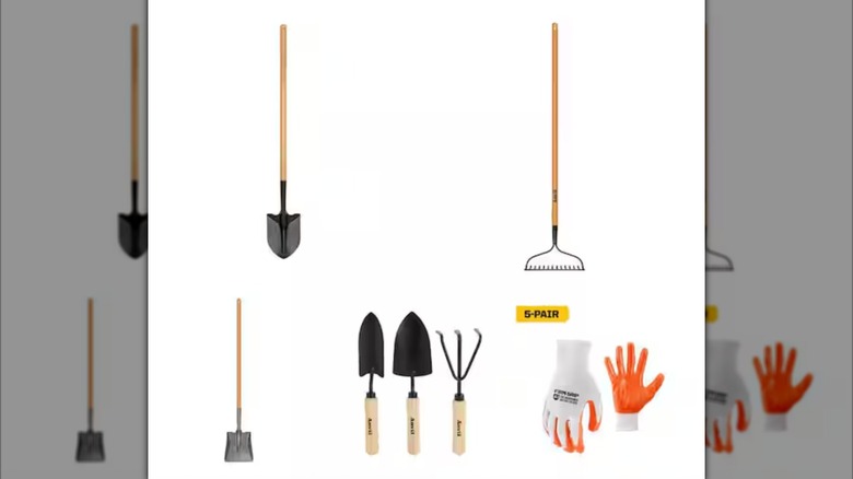 Home Depot Shovel, Bow Rake, Transfer Shovel, 3-Piece Garden Tool Set and Nitrile Gloves Combo