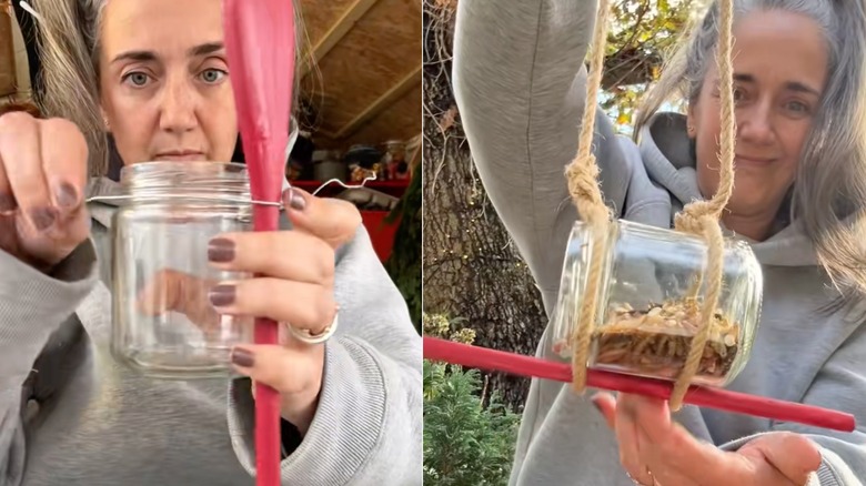 A split image of a woman making a mason jar bird feeder.