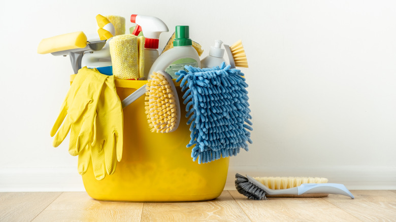 bucket of cleaning products