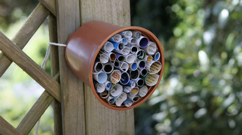 A plastic nursery pot filled with coiled up paper hangs by string from a fence post.