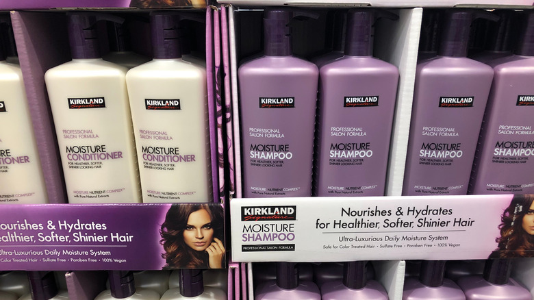 Kirkland brand of shampoo and conditioner in a Costco store.