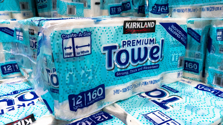A bundle of Kirkland paper towels from Costco.
