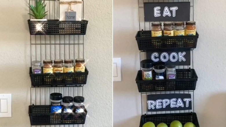 Spice rack created with a cooling rack and bins.