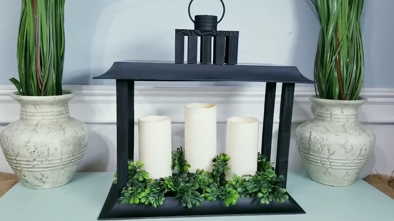 DIY lantern using a rectangular charger as the base