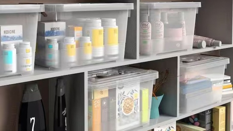 Several storage containers with random items inside