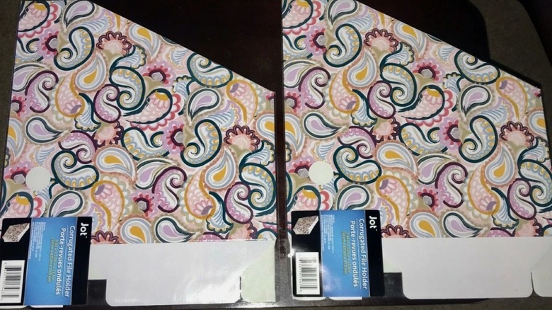 Two cardboard file folders with paisley print