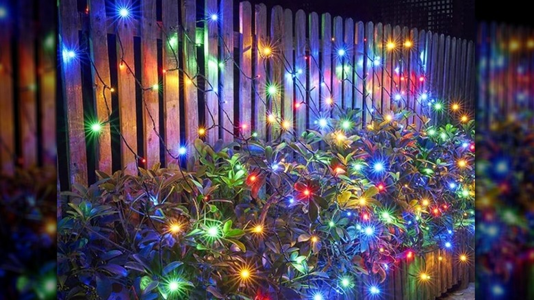 Colorful string lights on fence