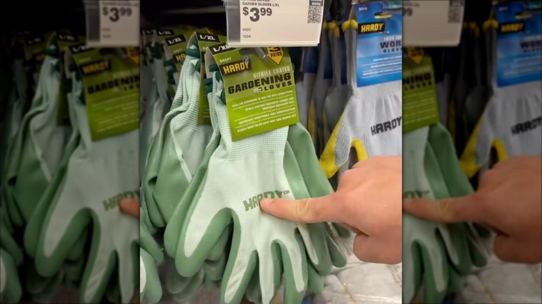A hand pointing to a pair of green gardening gloves in a store.