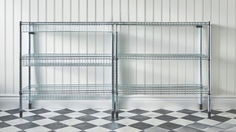 Two metal shelving units side by side