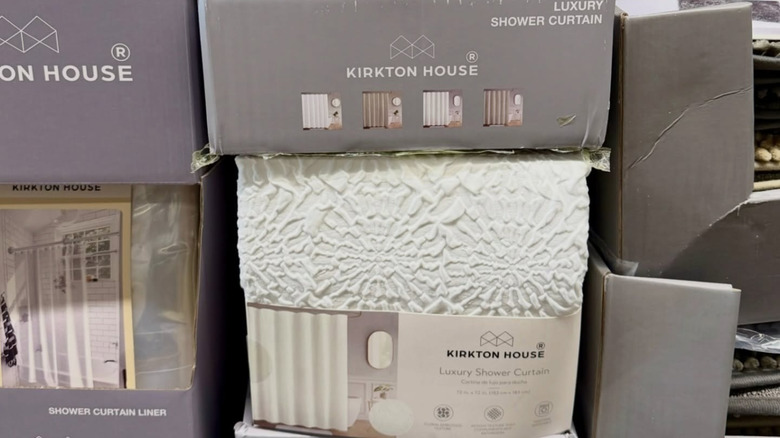 Textured shower curtain on the shelf at Aldi