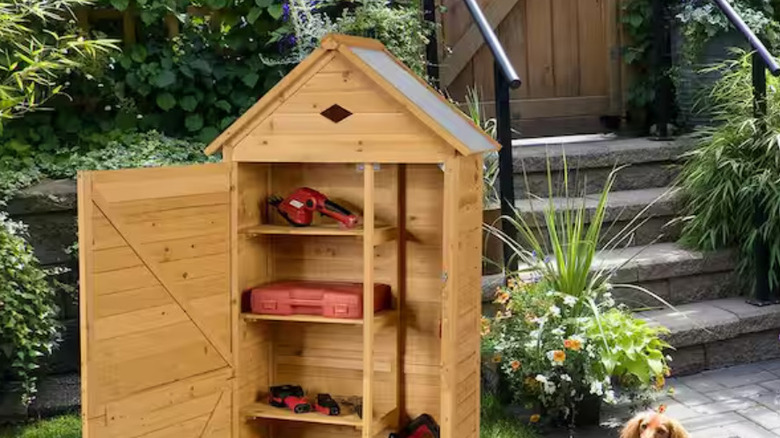 A wooden Gymax wood cabinet in a yard next to a dog.