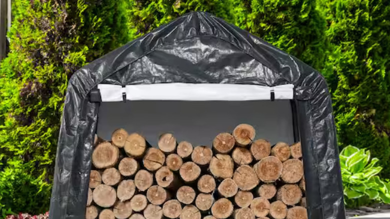 Firewood in the outdoor portable shed.
