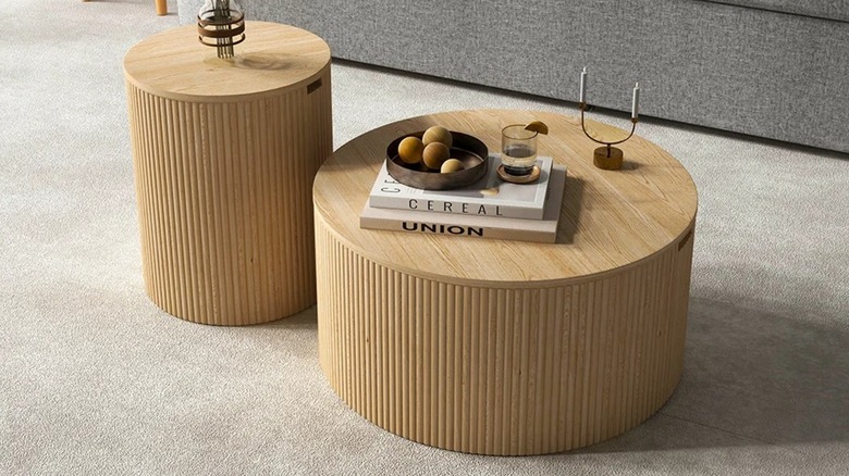 Round coffee tables with fluted wood detail