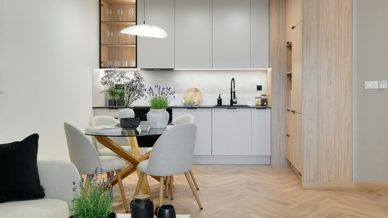 Japandi minimalist open concept kitchen and dining area