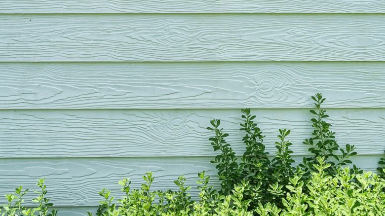 Closeup of light blue fiber-cement siding