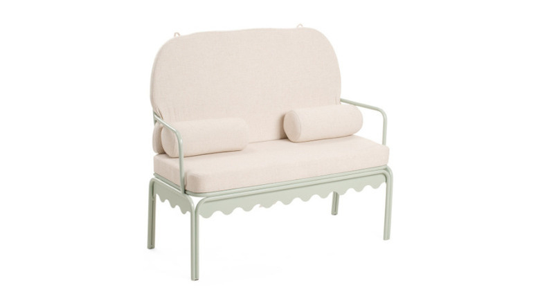 Lillian August's 40-inch Outdoor Scalloped Frame Settee With Cushions on a white background