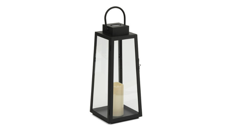 Merkury's Outdoor Large Metal and Glass Solar Lantern on a white background
