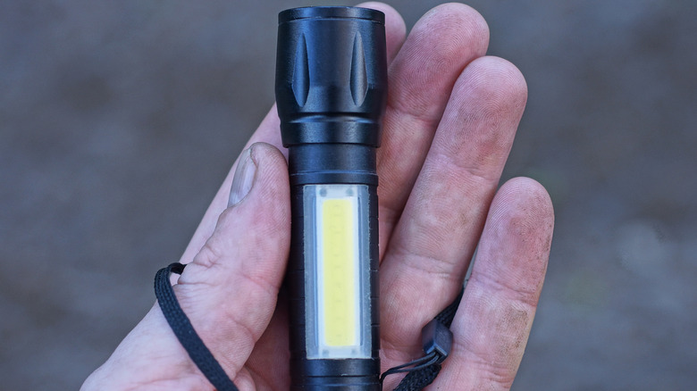 person holding mini flashlight in hand