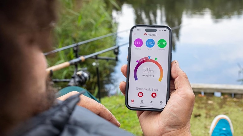 Man monitoring smart meat thermometer app from outside on bench