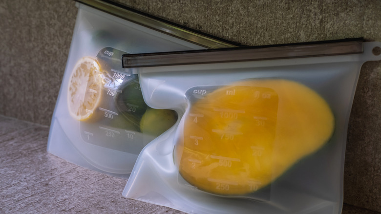 Food packed in reusable silicone bags on a counter