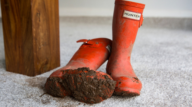Dirty red kid's rain boots on carpet floor