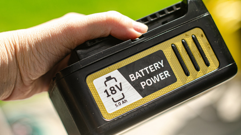 Person holding lawn mower battery