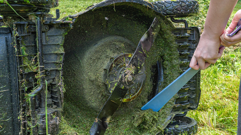 Person cleaning lawn mower undercarriage