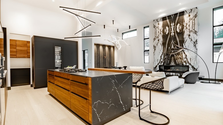 Modern apartment with dark kitchen and black granite counters