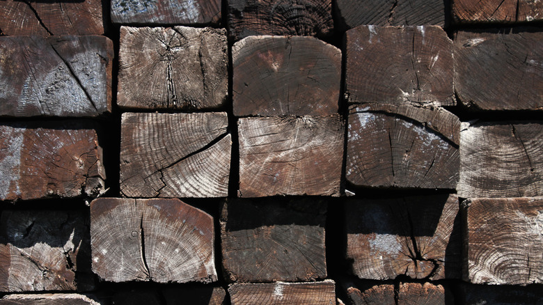 Close-up of a stack of railroad ties