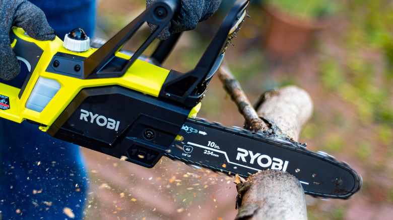 Ryobi 10-inch chainsaw cutting a tree limb