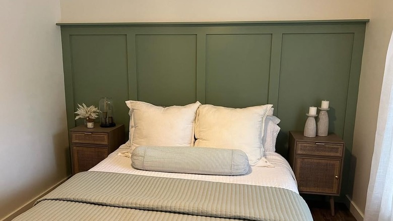 DIY headboard made with painted wall and wood molding