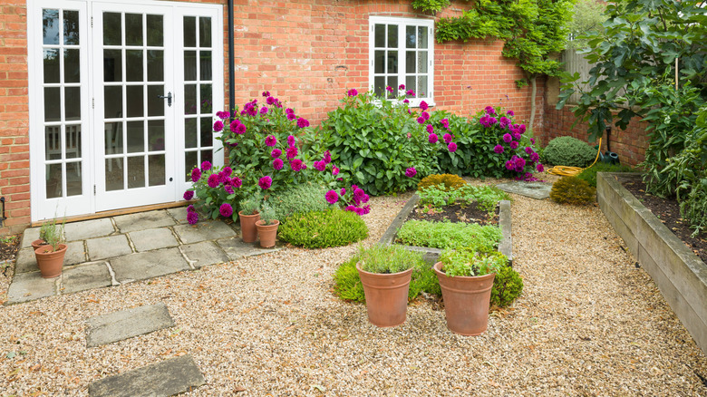 gravel patio with pots and planter boxes