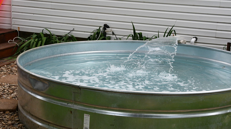 Stock tank pool on gravel patio