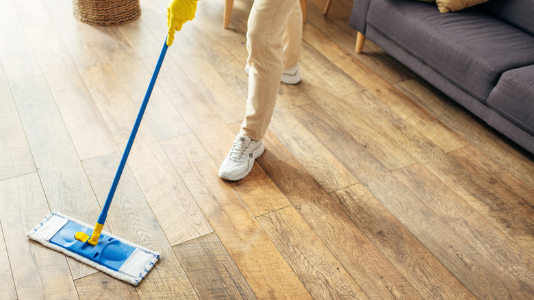 Person cleaning a hardwood floor with a mop