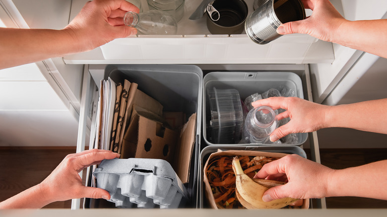 Hands placing bottles, cans, banana peel, and egg carton into recycling and compost containers