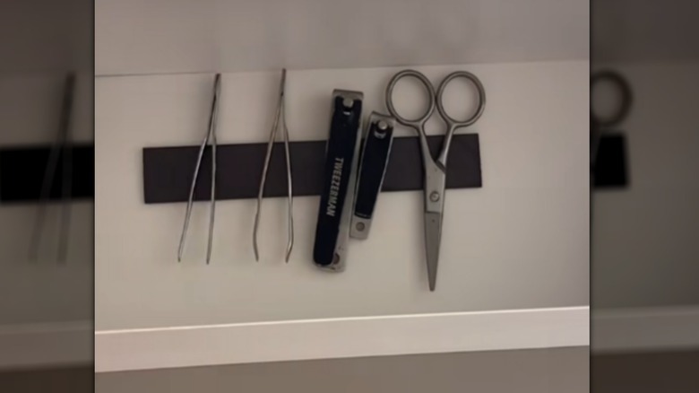 Close up of tweezers on a magnetic strip