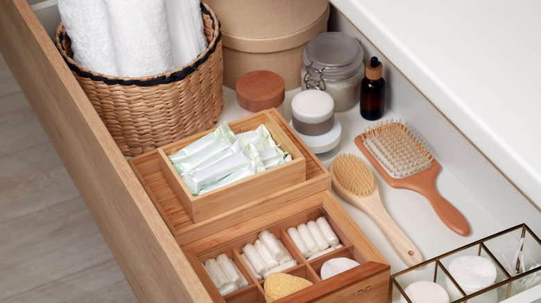 Organized bathroom drawer with stackable bins