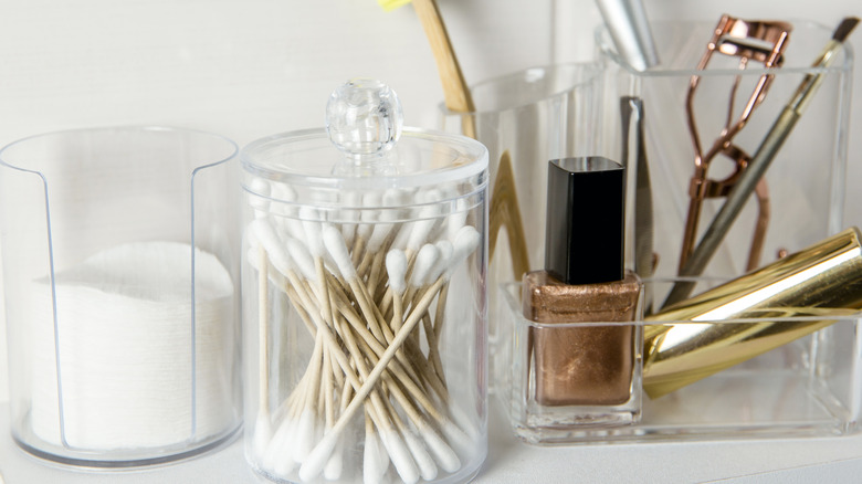 Variety of cosmetic products with a tiered organizer