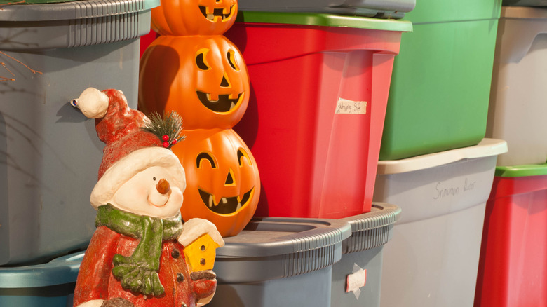 Red and green storage containers for Christmas items