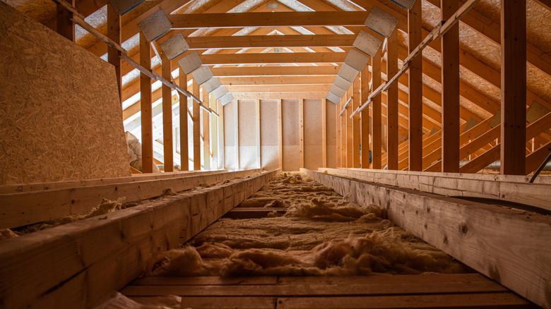 A long shot of an attic with insulation on the floor and rafters above