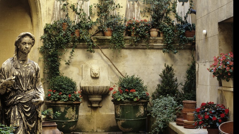 A patio terrace with potted plants at various heights on the ground, shelves, and wall.