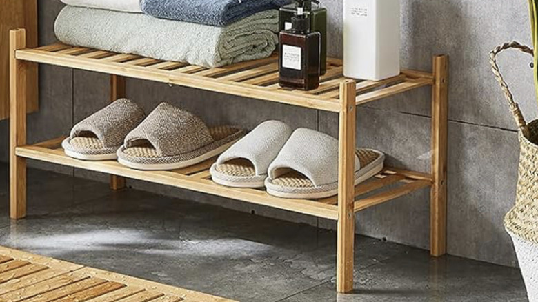 Bamboo shoe rack in the bathroom