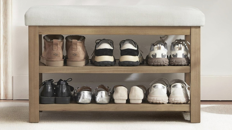 Zihanhome 2 Tier Shoe Rack Bench with Cushion with multiple types of shoes