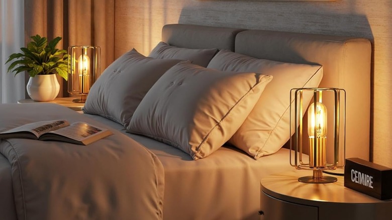 Goebleson industrial table lamp on nightstand next to bed