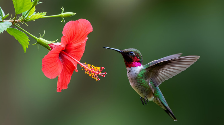 Hummingbird flying toward a red hibiscus flower