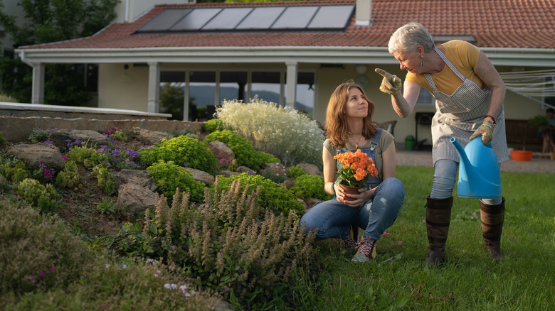 Two people working in the front yard. One holds a watering can, the other holds a plant pot with an orange plant in it.