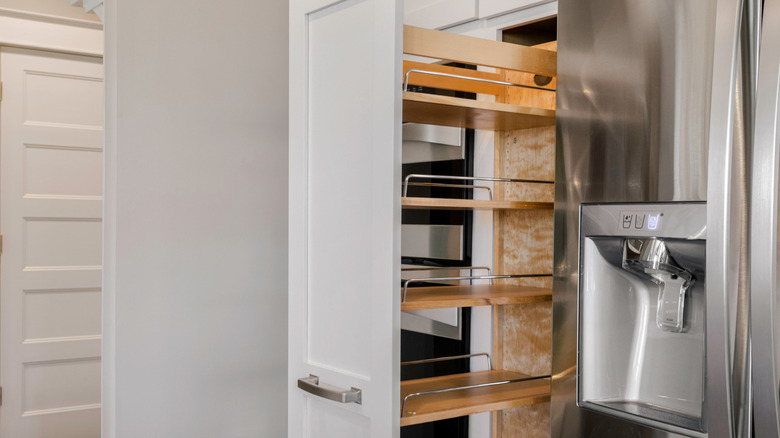 A pull-out kitchen pantry cabinet installed next to a stainless steel refrigerator
