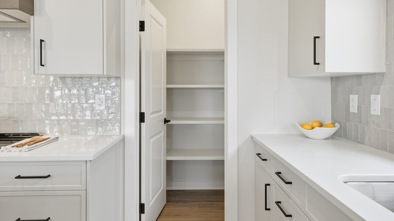 Kitchen pantry with white wood shelves