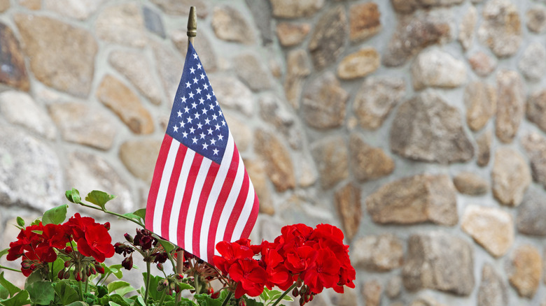An American flag with red flowers in garden